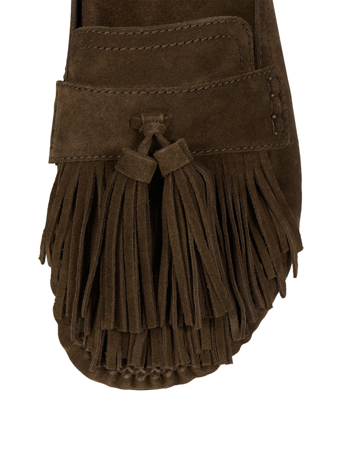 Khaki Faux Suede Round-Toe Front Fringe Backless Slip-On Flats