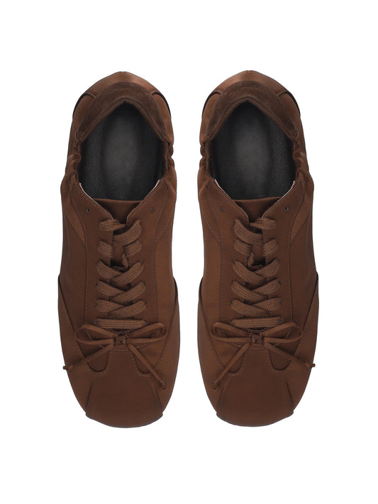 Maroon Satin And Cow Suede Square-Toe Lace-Up Sneakers Flats