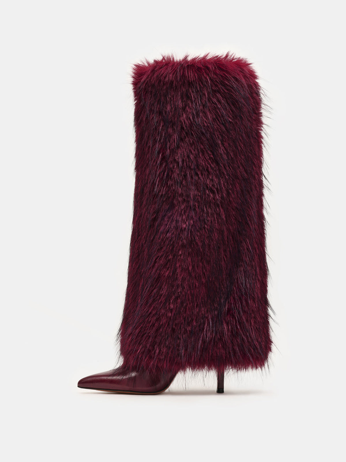 Burgundy Pointed-Toe Plush Shaft Chic Wide Calf Knee High Stiletto Boots