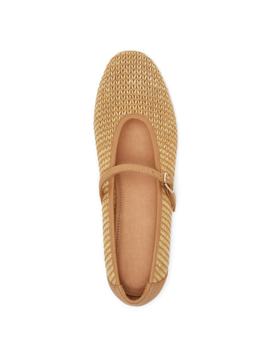 Tan Grass Woven Round-Toe Bridge Strap Chic Flats
