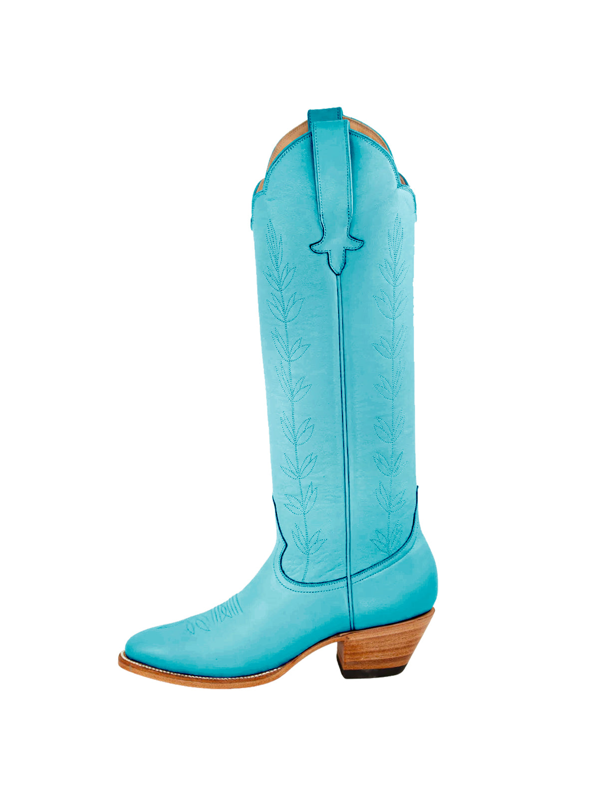 Almond-Toe Leaves Embroidery Wide Calf Knee High Cowgirl Boots - Sky Blue