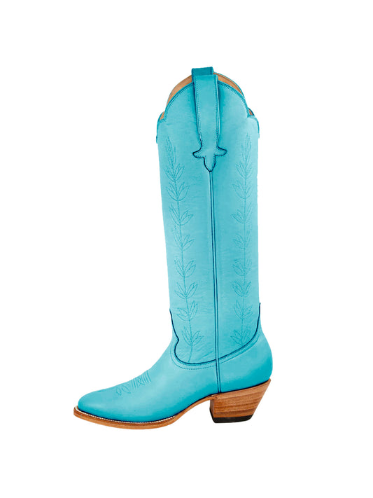 Almond-Toe Leaves Embroidery Wide Calf Knee High Cowgirl Boots - Sky Blue