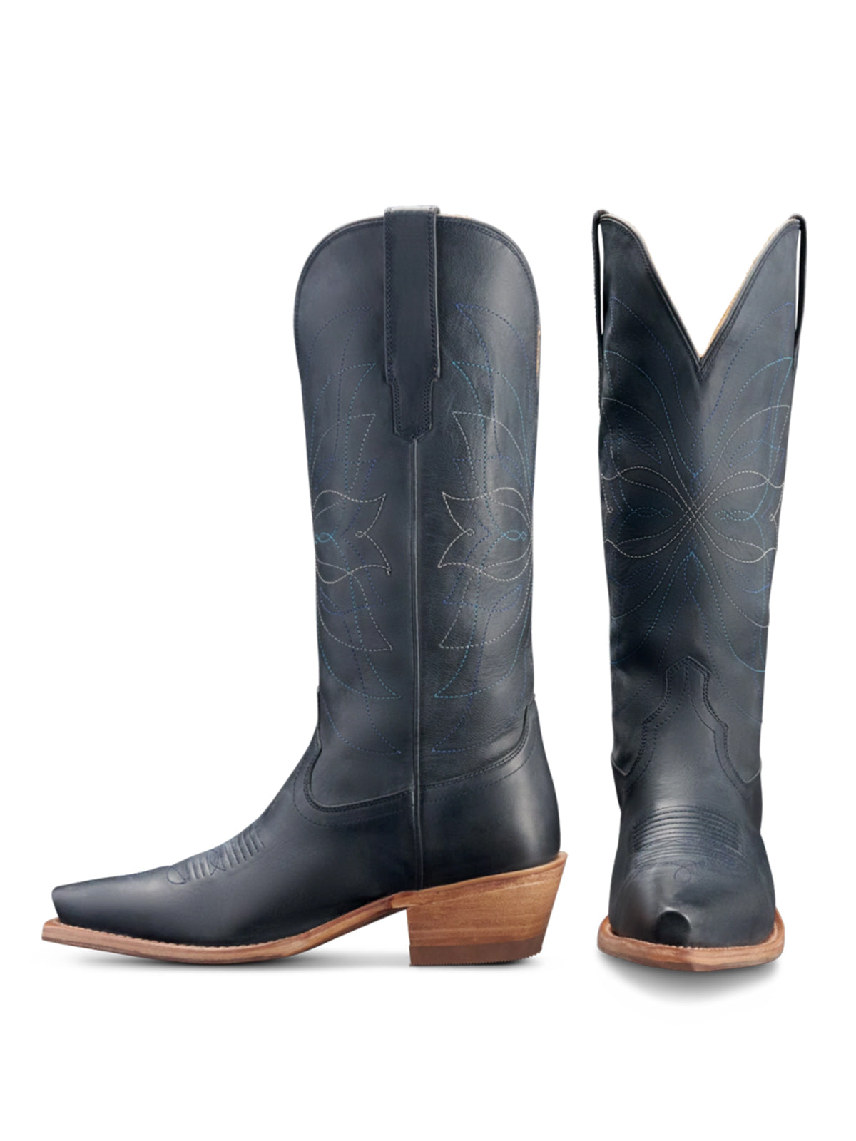 Navy Blue Snip-Toe Stitch Classic Wide Calf Knee High Cowgirl Boots