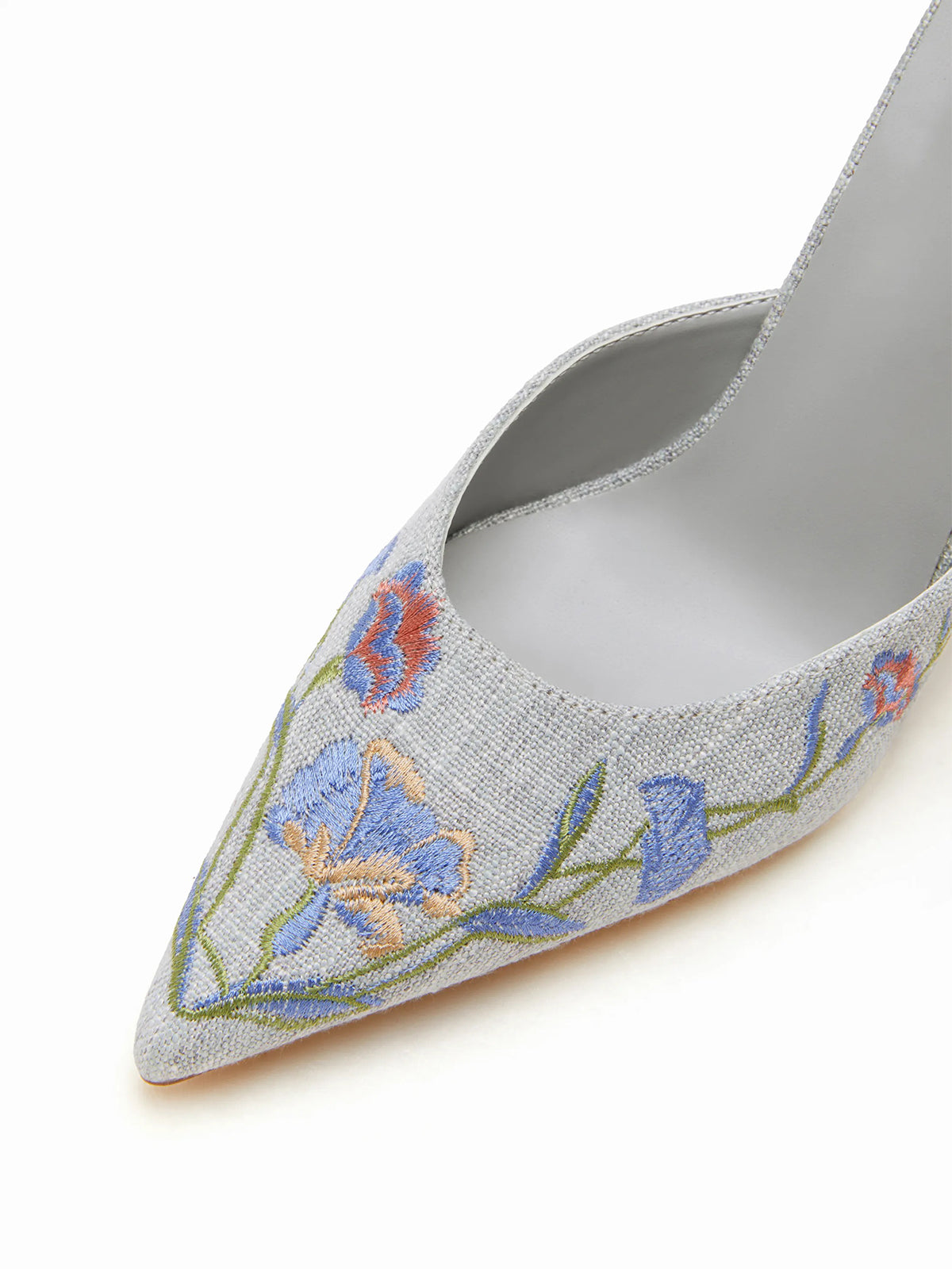 Blue Woven Canvas Pointed-Toe Flower Embroidery Slip-On High Heels