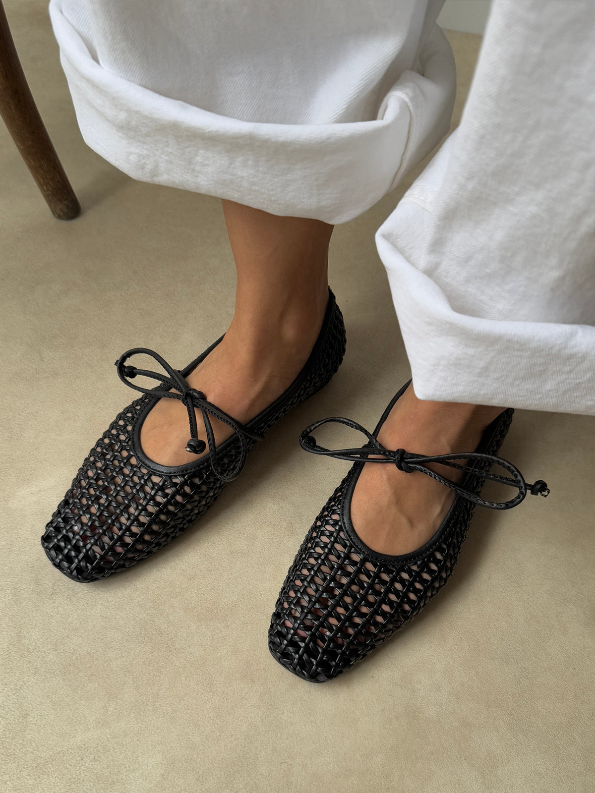 Black Woven Vegan Leather Square-Toe Mary Jane Stylish Ballet Flats