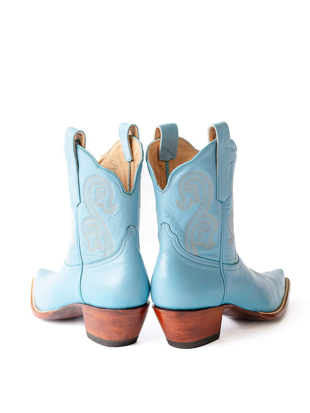 Blue Almond-Toe Embroidery Ankle Booties