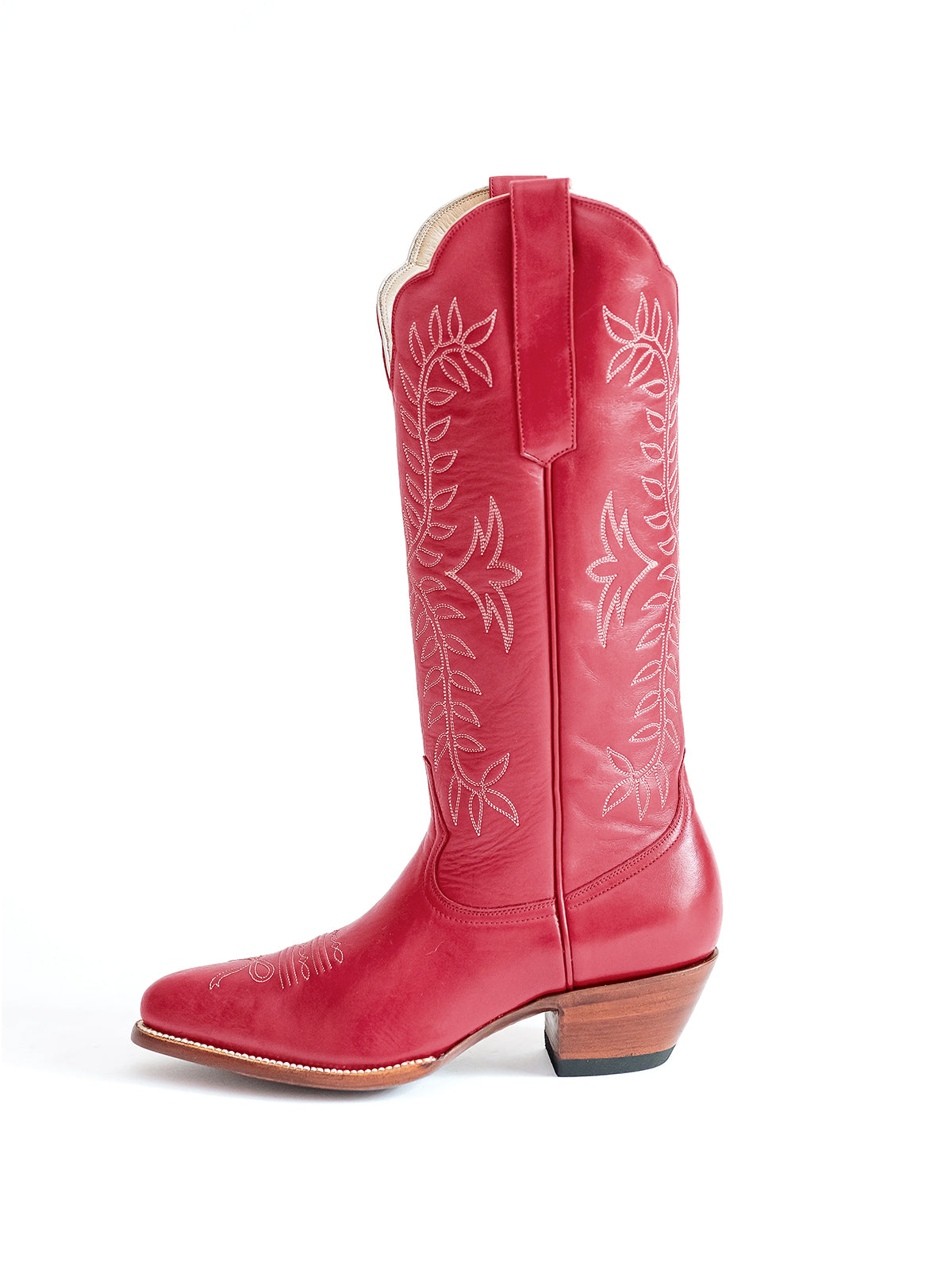 Leaves Embroidery Almond-Toe Wide Knee High Cowgirl Boots - Watermelon Red
