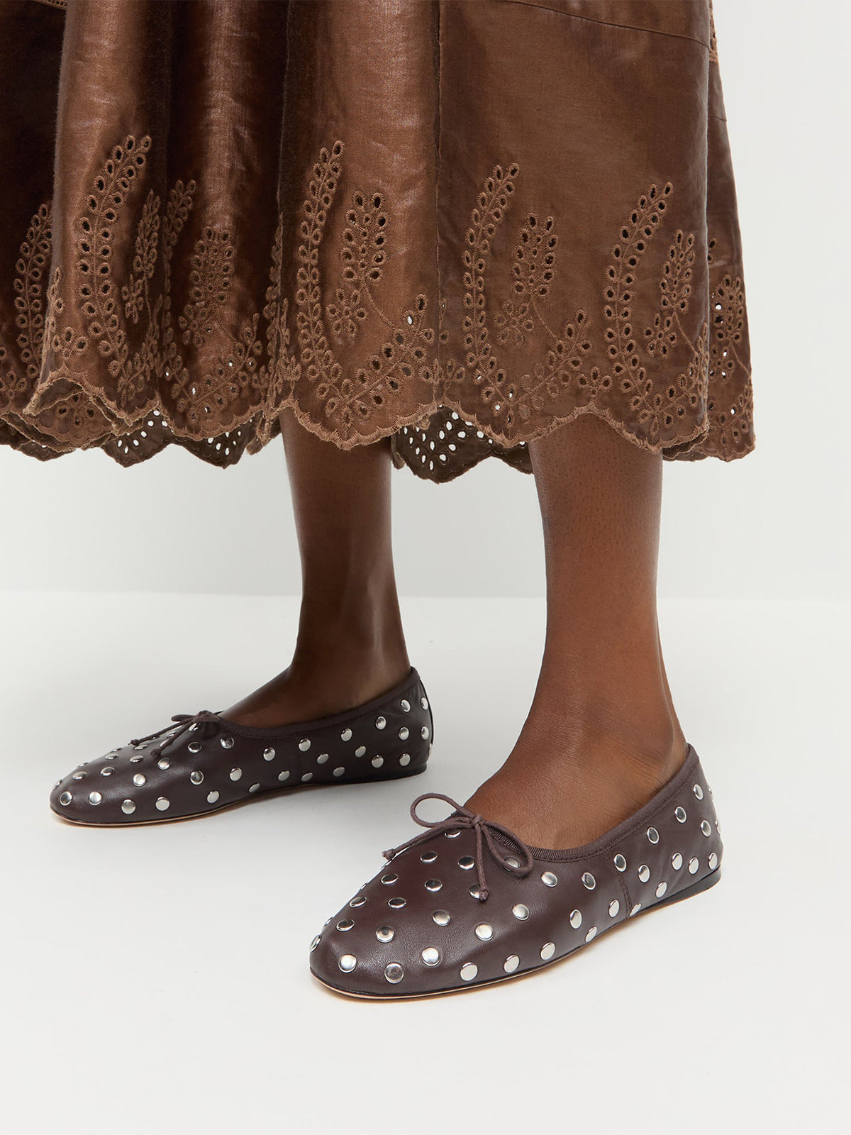 Dark Brown Round-Toe Front Bow Ballet Flats With Studs