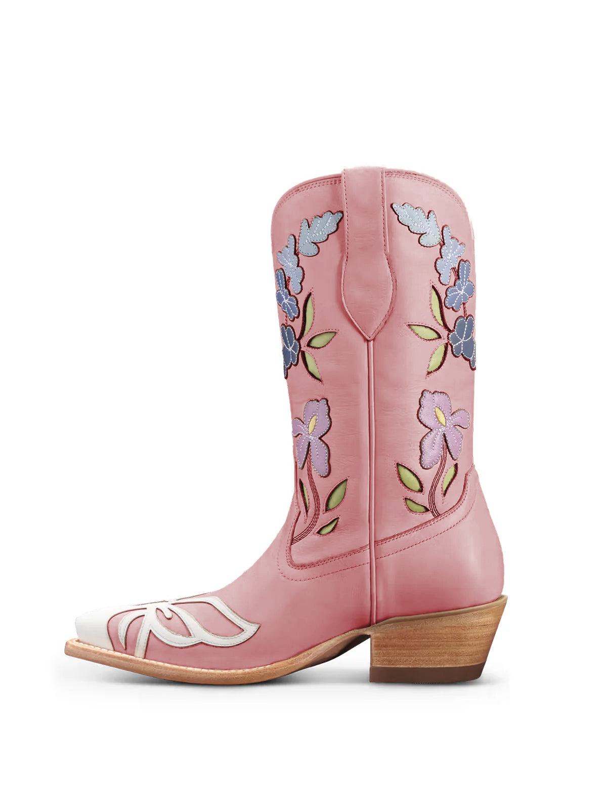 Pink Snip-Toe Flower Applique Mid Calf Pull On Cowgirl Boots