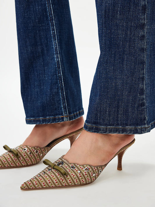 Multi Floral Satin Pointed-Toe Front Knot And Studs And Eyelets Kitten Heels