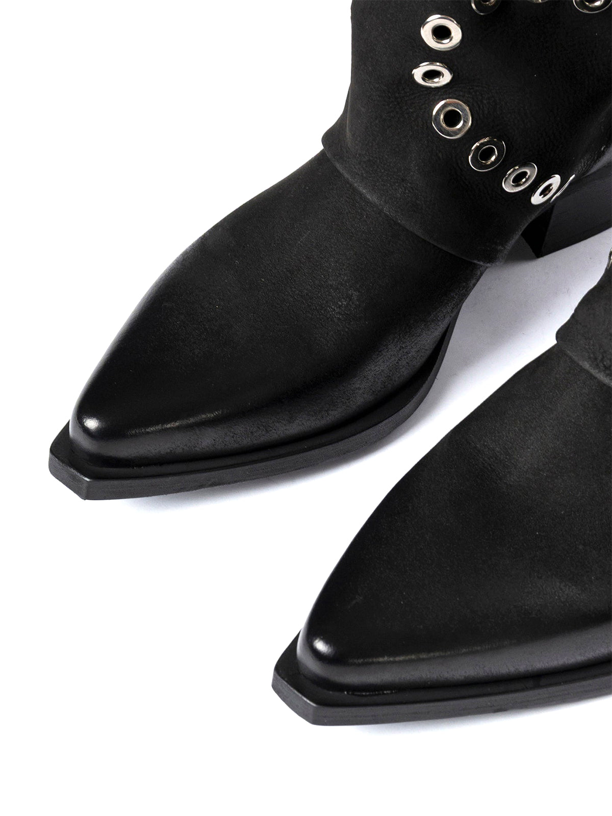 Black Faux Suede Snip-Toe Eyelet Wide Calf Knee High Cowgirl Boots