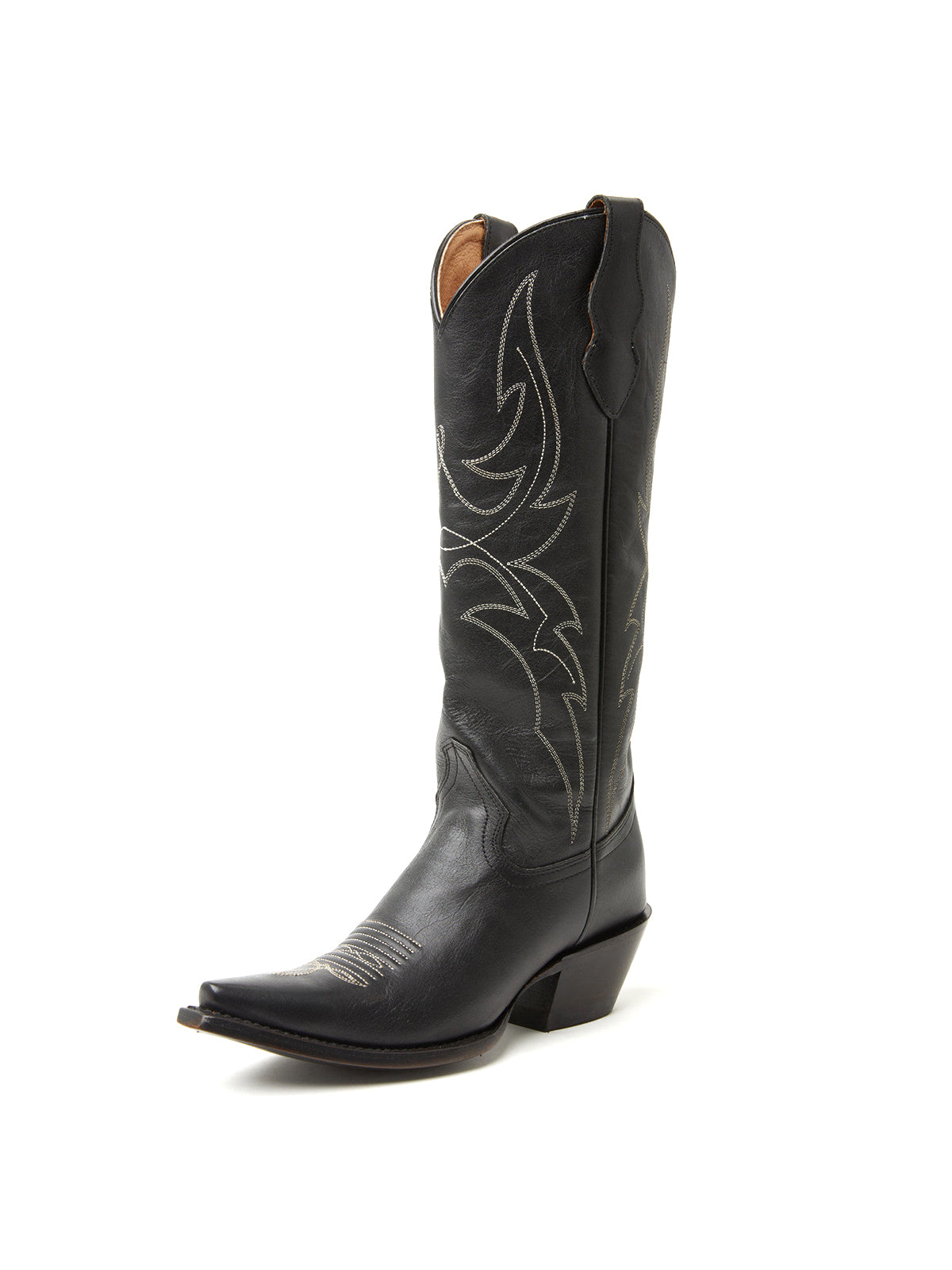 Black Snip-Toe Embroidery Classic Wide Calf Knee High Cowgirl Boots