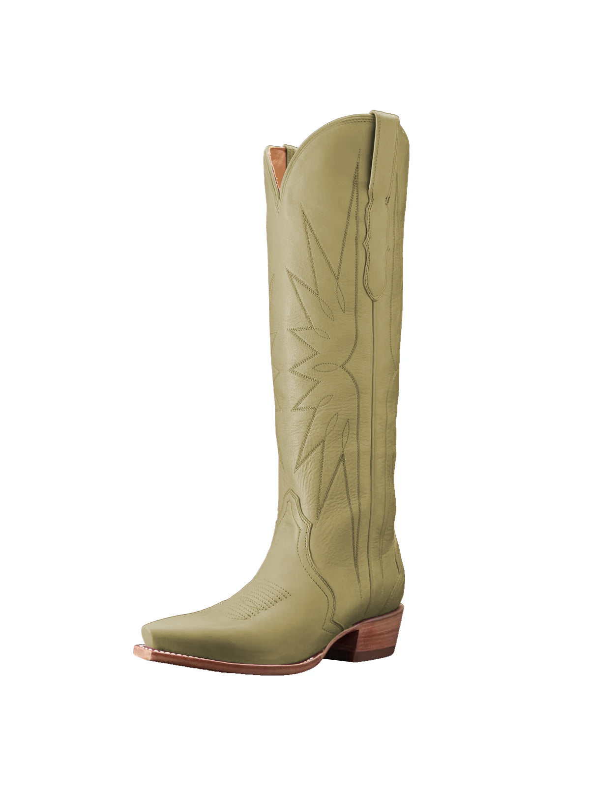Khaki Snip-Toe Embroidery Wide Calf Knee High Cowgirl Boots