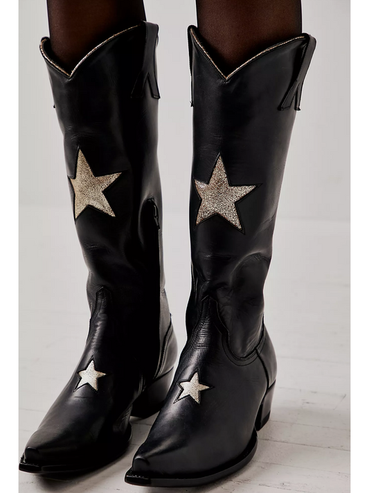 Black Snip-Toe Metallic Star Inlay Tall Half-Zip Mid Calf Cowgirl Boots