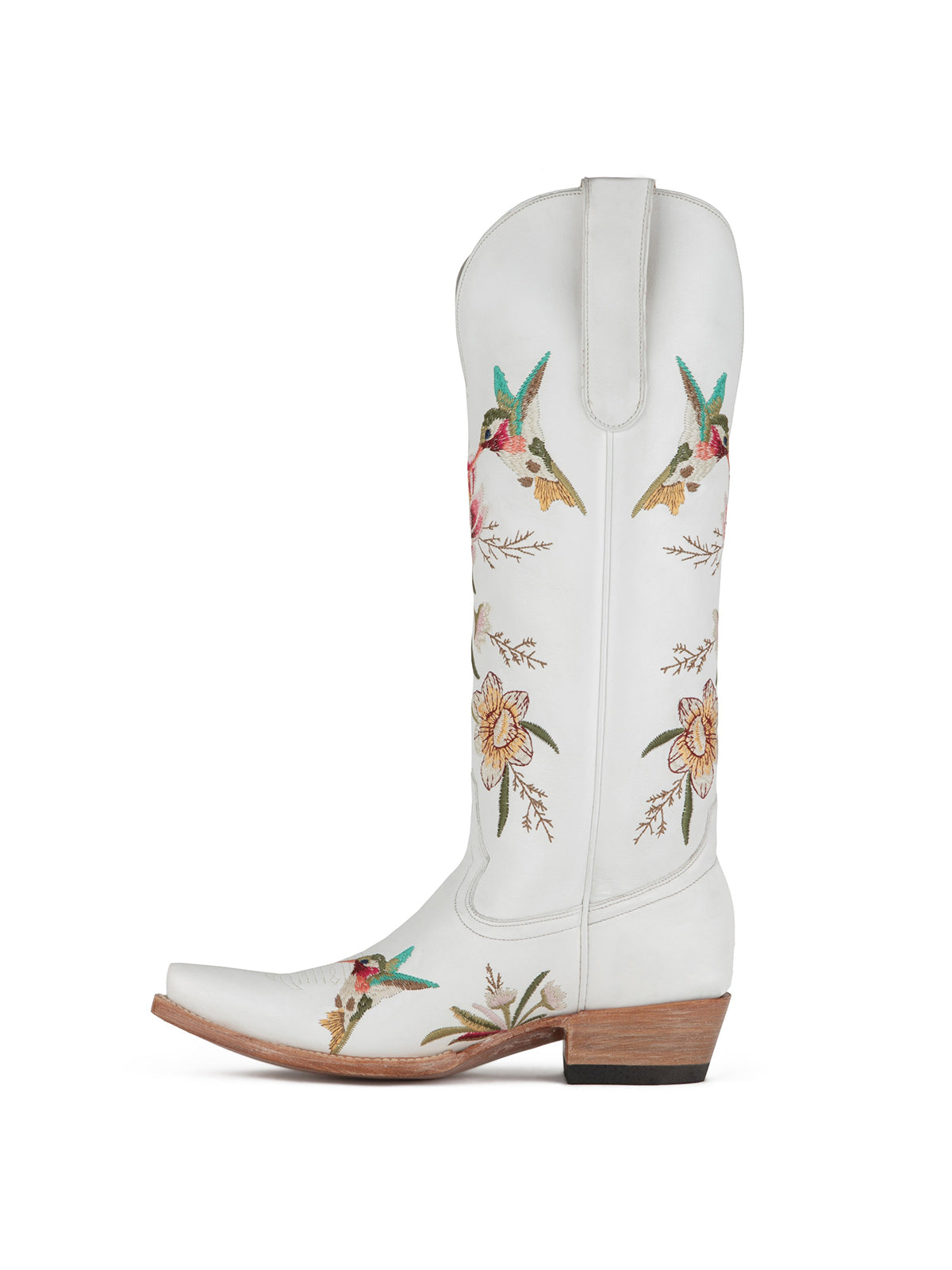 White Snip-Toe Vivid Flowers And Bird Embroidery Wide Calf Knee High Cowgirl Boots