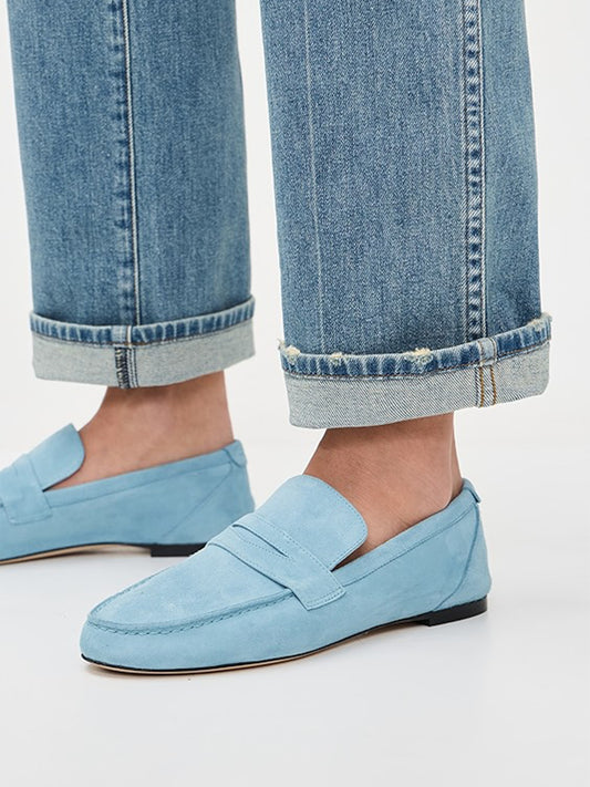 Round-Toe Slip-On Classic Loafers Flats - Blue Faux Suede
