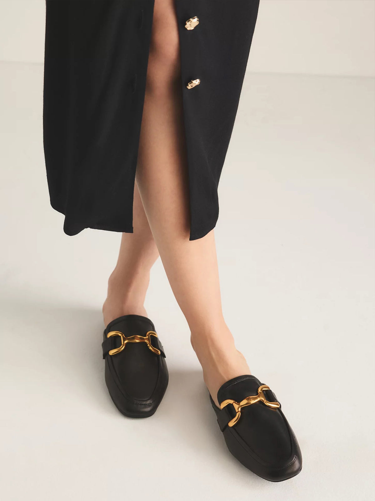 Black Square-Toe Slip-On Front Metal Detail Flats Loafers