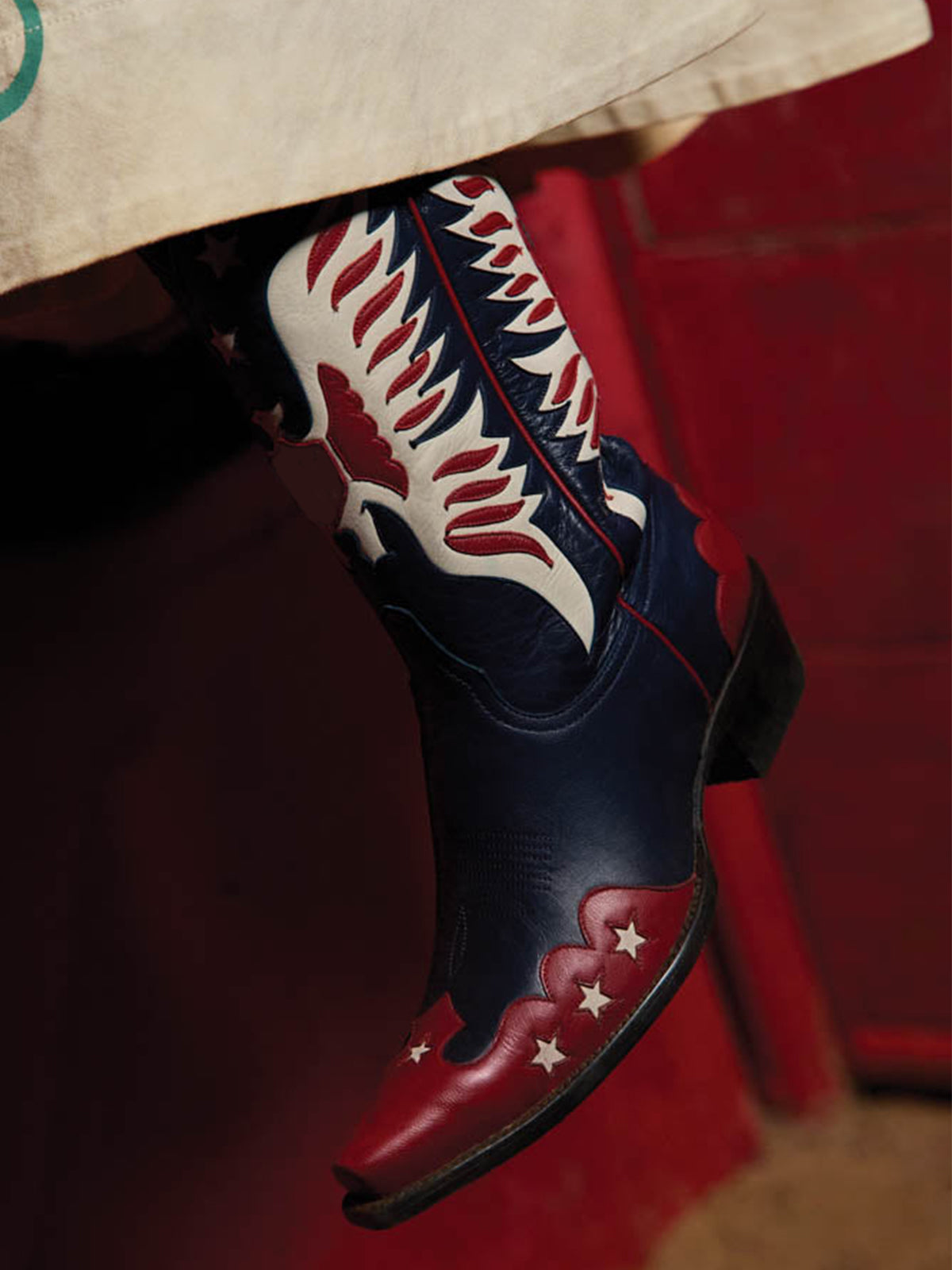 Navy Snip-Toe Ivory Eagle And Star Inlay Chic Mid Calf Cowgirl Boots