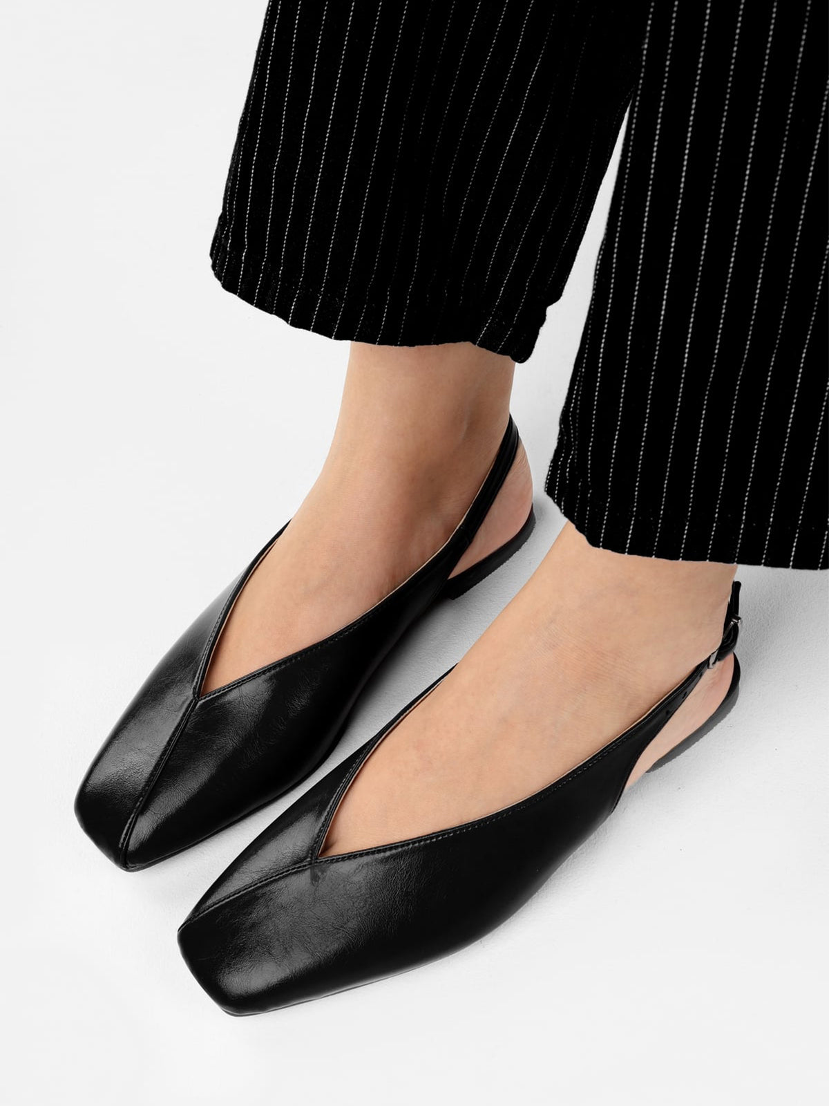 Black Square-Toe Classic Buckle Back Strap Slip-On Flats