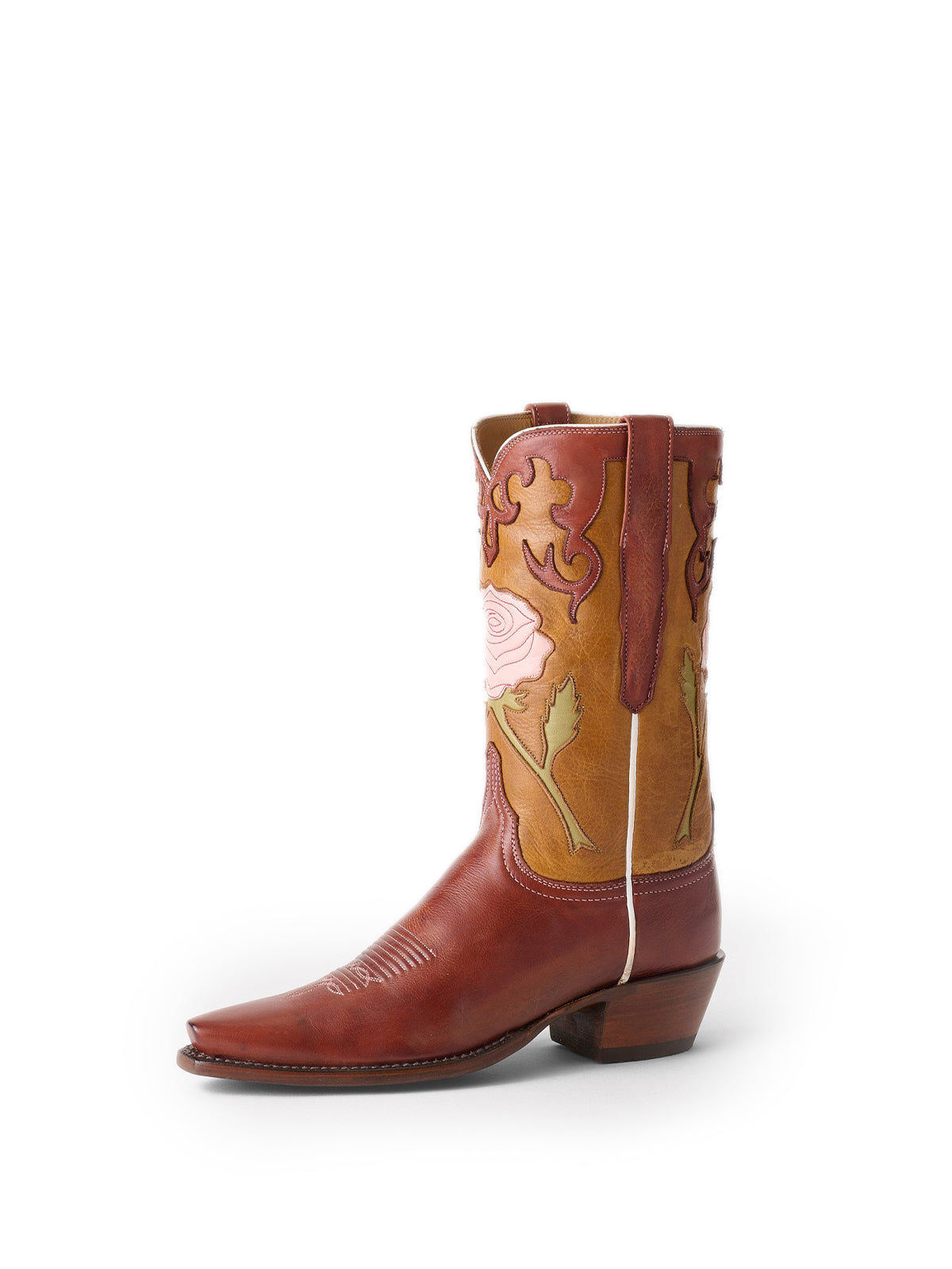 Contrast Brandy And Tan Snip-Toe Big Rose Inlay Mid Calf Cowgirl Boots
