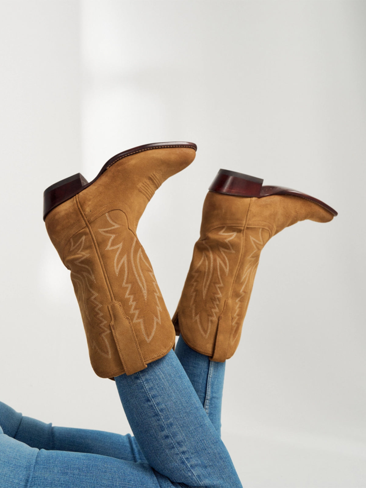 Caramel Faux Suede Almond-Toe Embroidery Mid Calf Cowgirl Boots