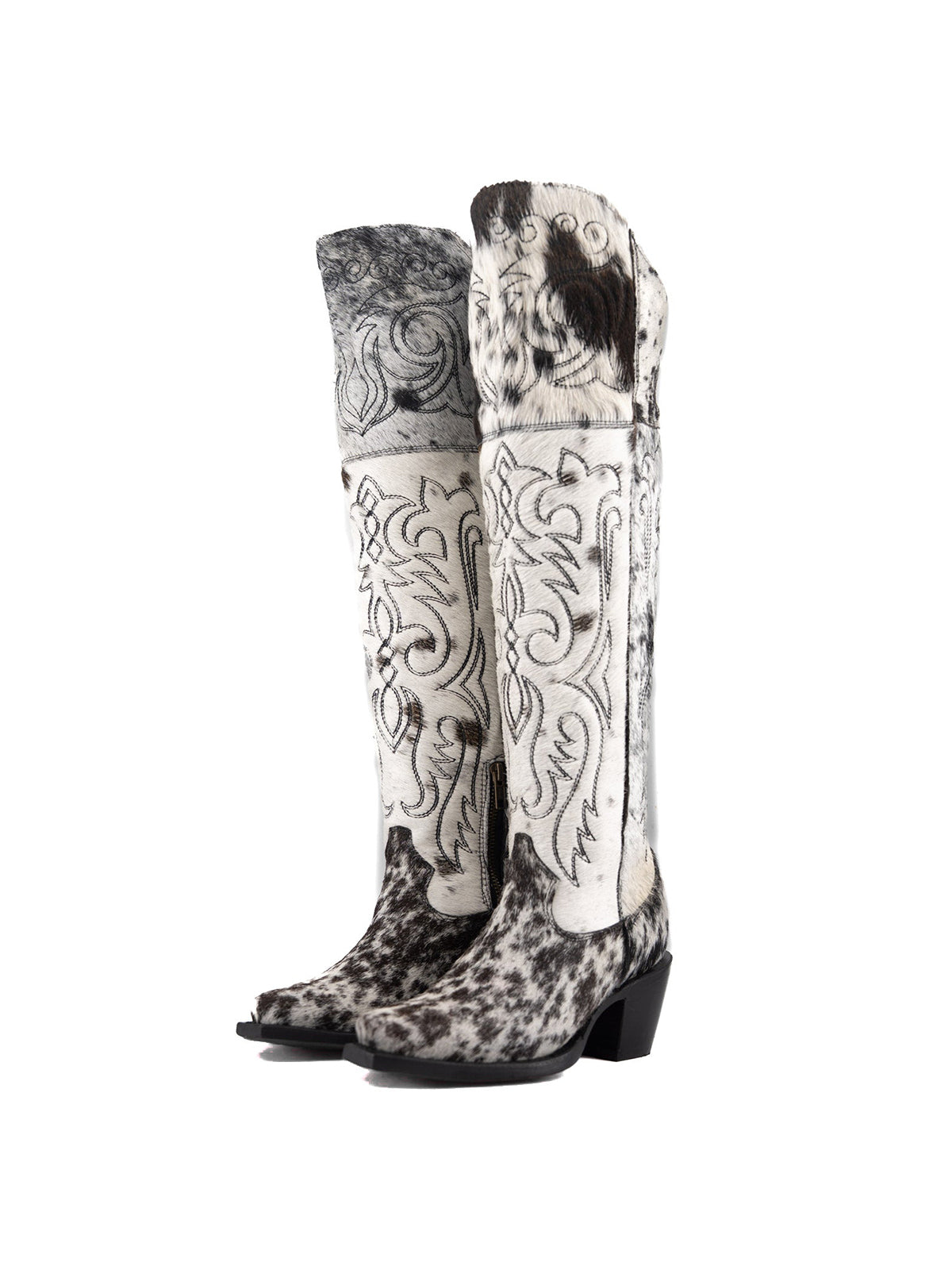 White With Black Cow Print Pony Hair Snip-Toe Embroidery Half-Zip Over-The-Knee Cowgirl Boots