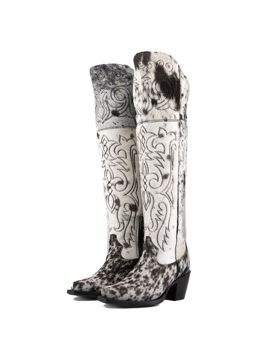 White With Black Cow Print Pony Hair Snip-Toe Embroidery Half-Zip Over-The-Knee Cowgirl Boots