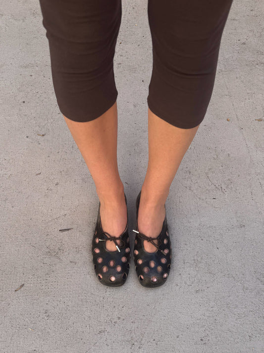 Brown Square-Toe Cut Out And Front Bow Chic Ballet Flats