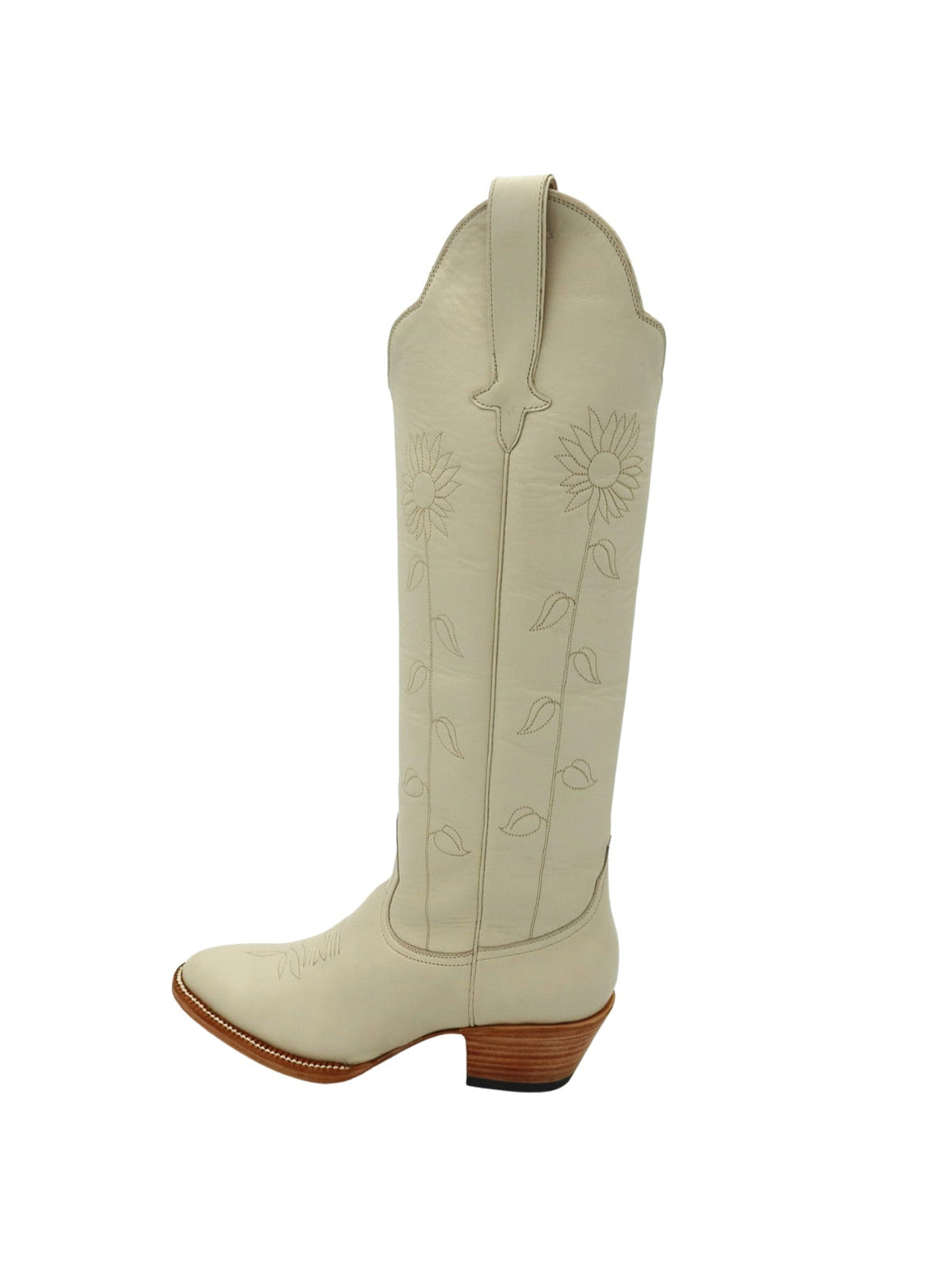 Bone Almond-Toe Delicate Flower Embroidery Wide Calf Knee High Cowgirl Boots