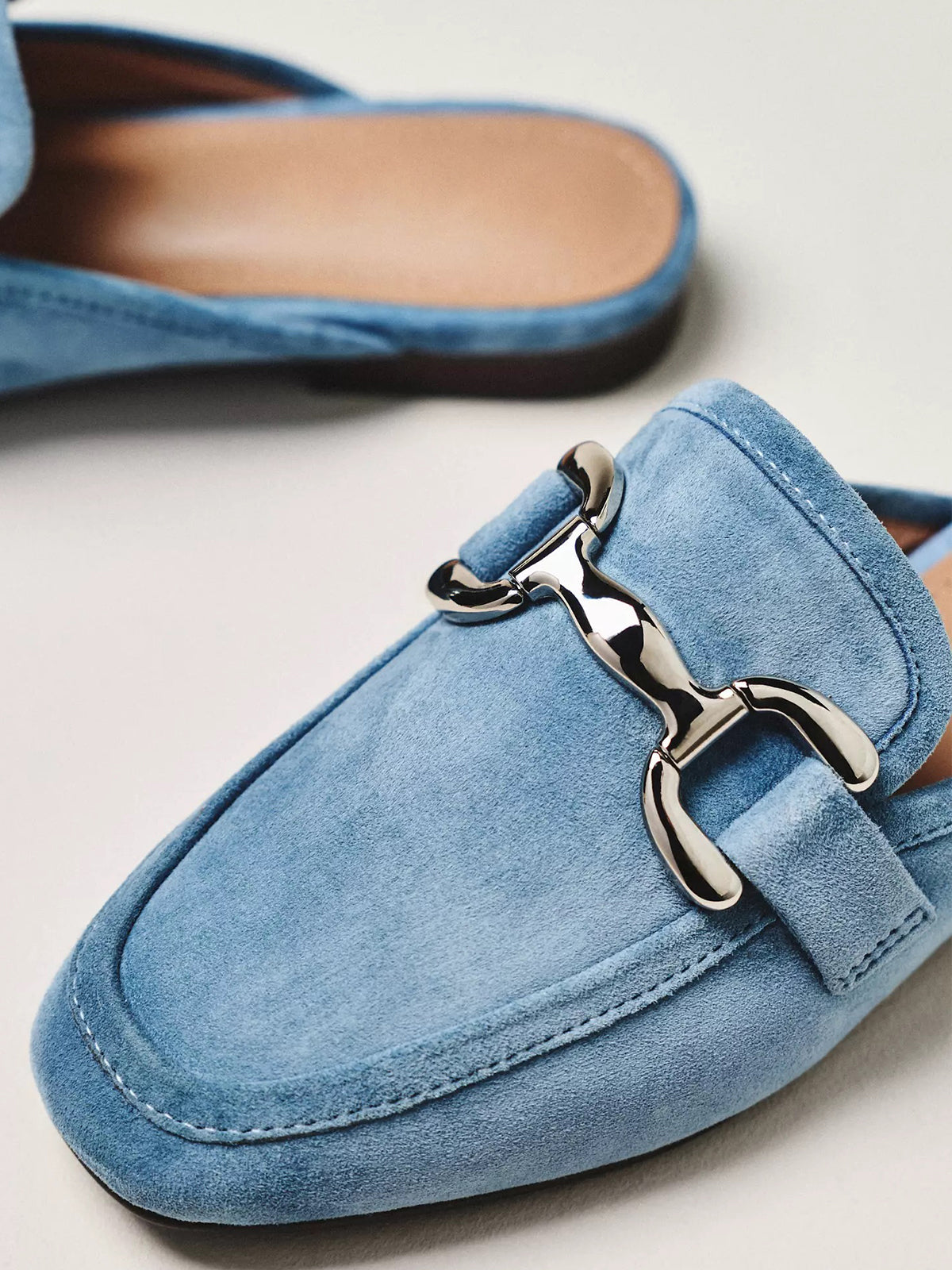 Blue Faux Suede Square-Toe Slip-On Front Metal Detail Flats Loafers