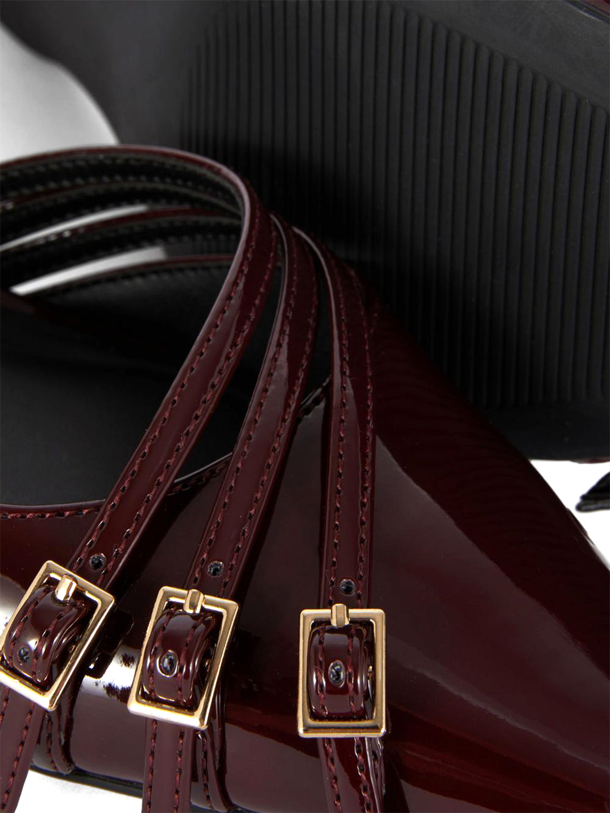 Patent Burgundy Pointed-Toe Front Three Straps Slingback Kitten Heels