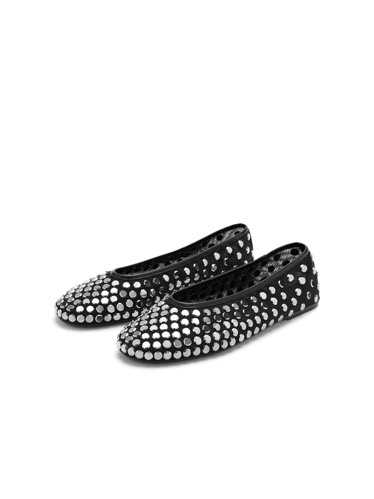 Black Mesh Round-Toe Studded Slip-On Classic Ballet Flats