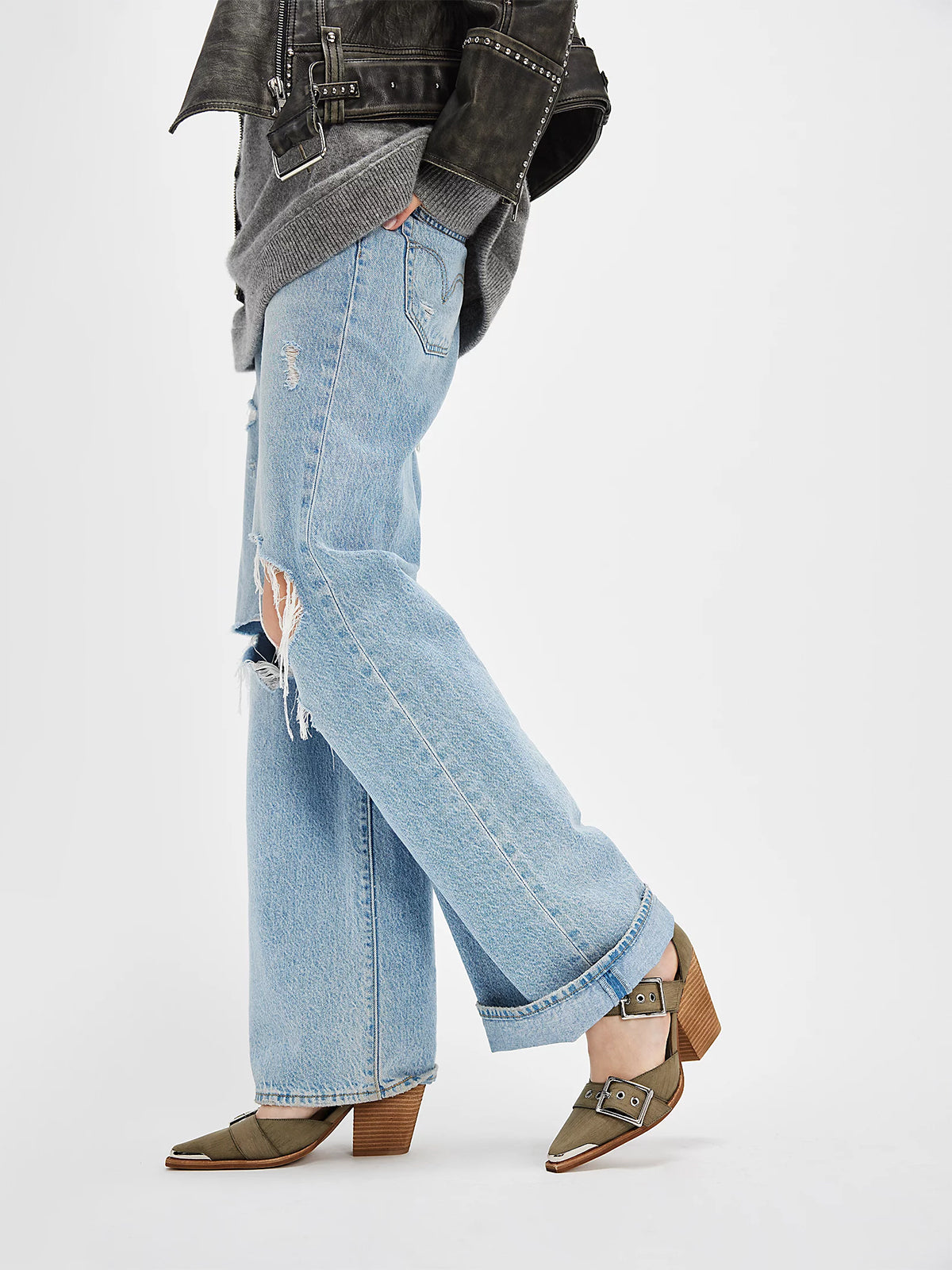 Pointed-Toe Three Buckled Straps Back Zip Chunky High Heels - Olive Natural