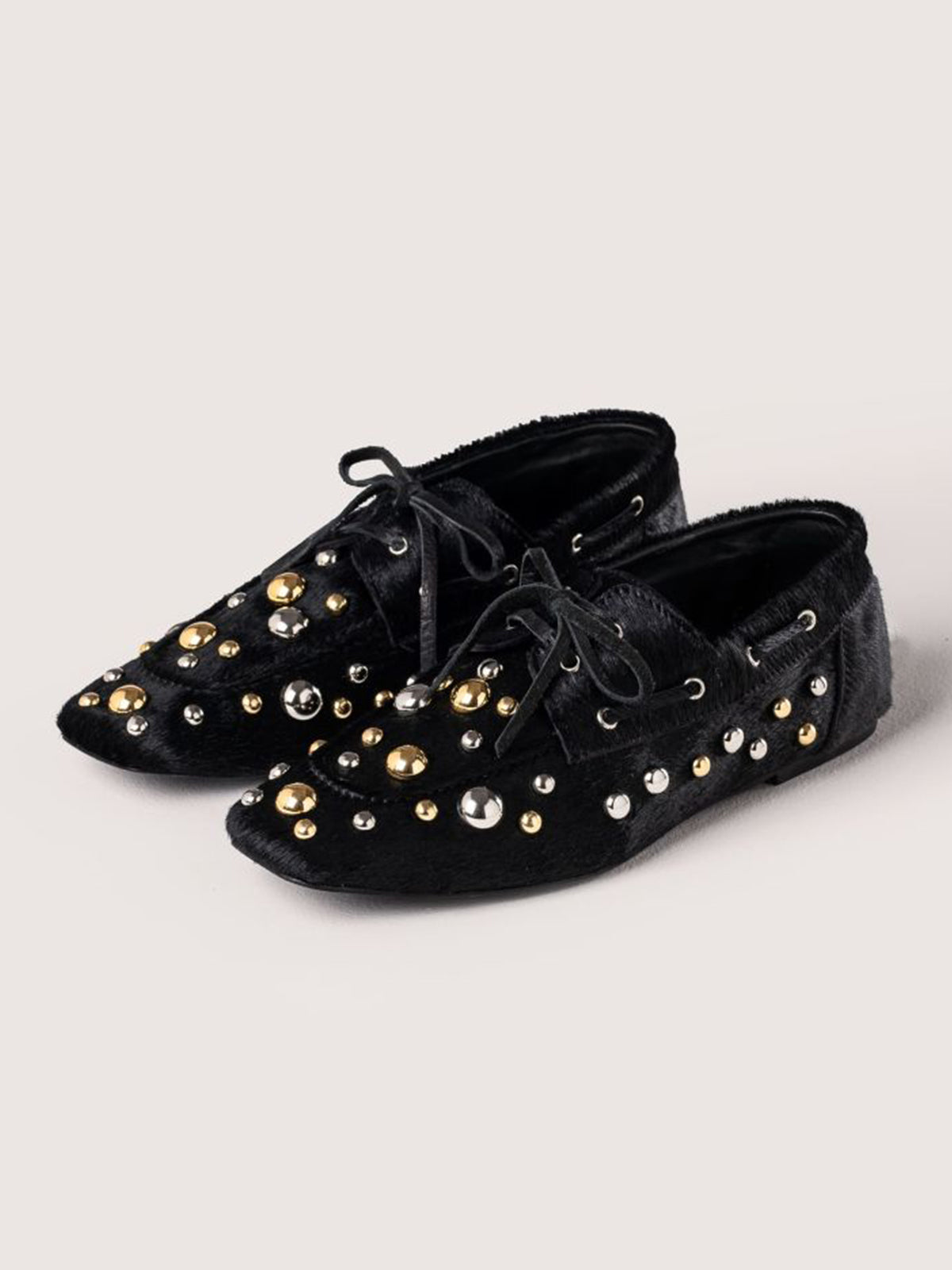 Black Pony Hair Vegan Leather Square-Toe Studs And Bow Flats