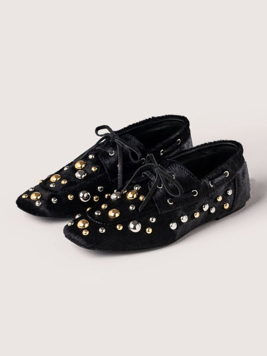 Black Pony Hair Vegan Leather Square-Toe Studs And Bow Flats