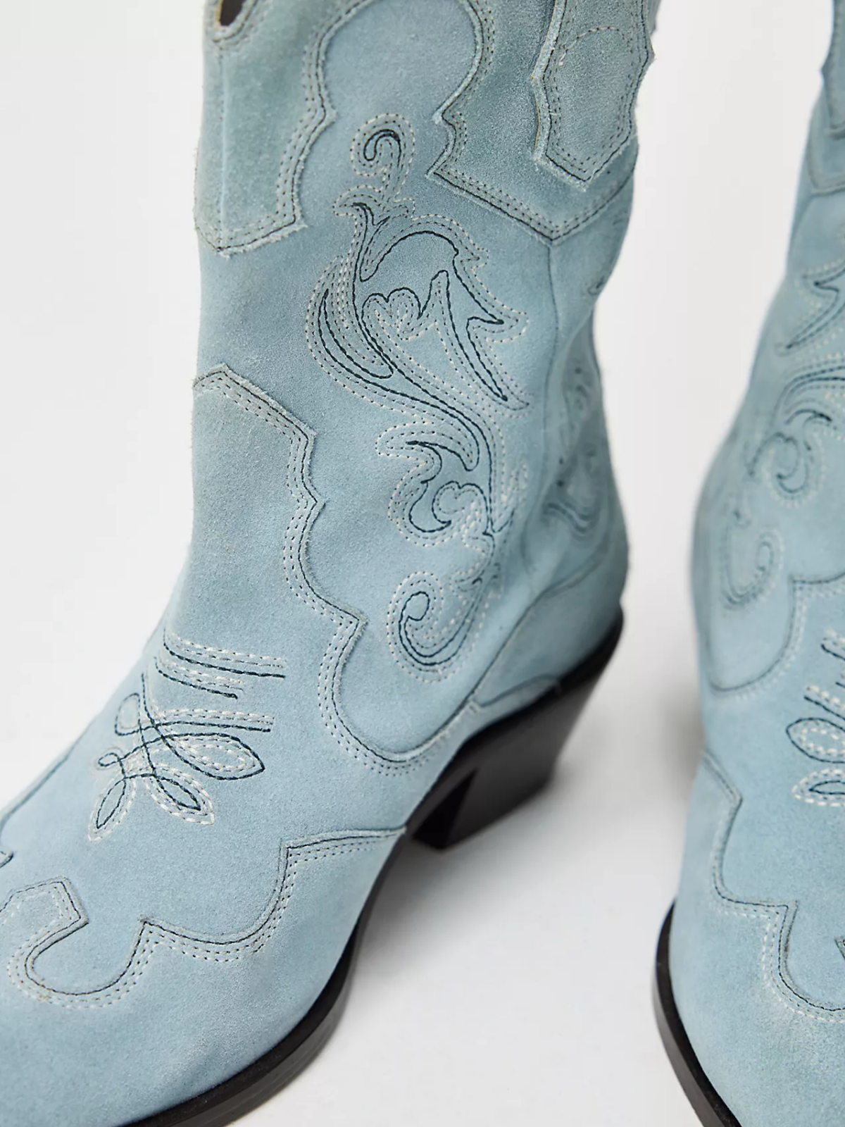 Powder Blue Faux Suede Almond-Toe Embroidery Wide Mid Calf Cowgirl Boots