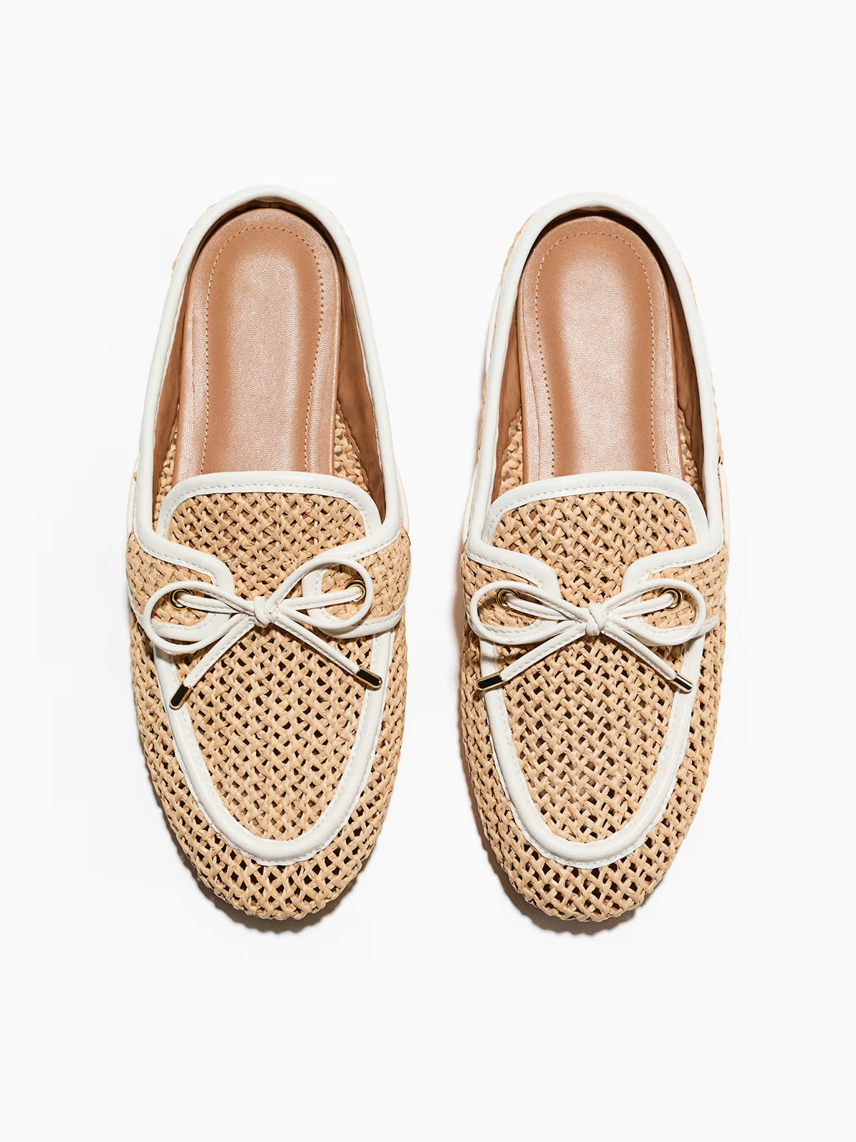 Beige Grass Woven Round-Toe Front Bow Chic Mules Flats