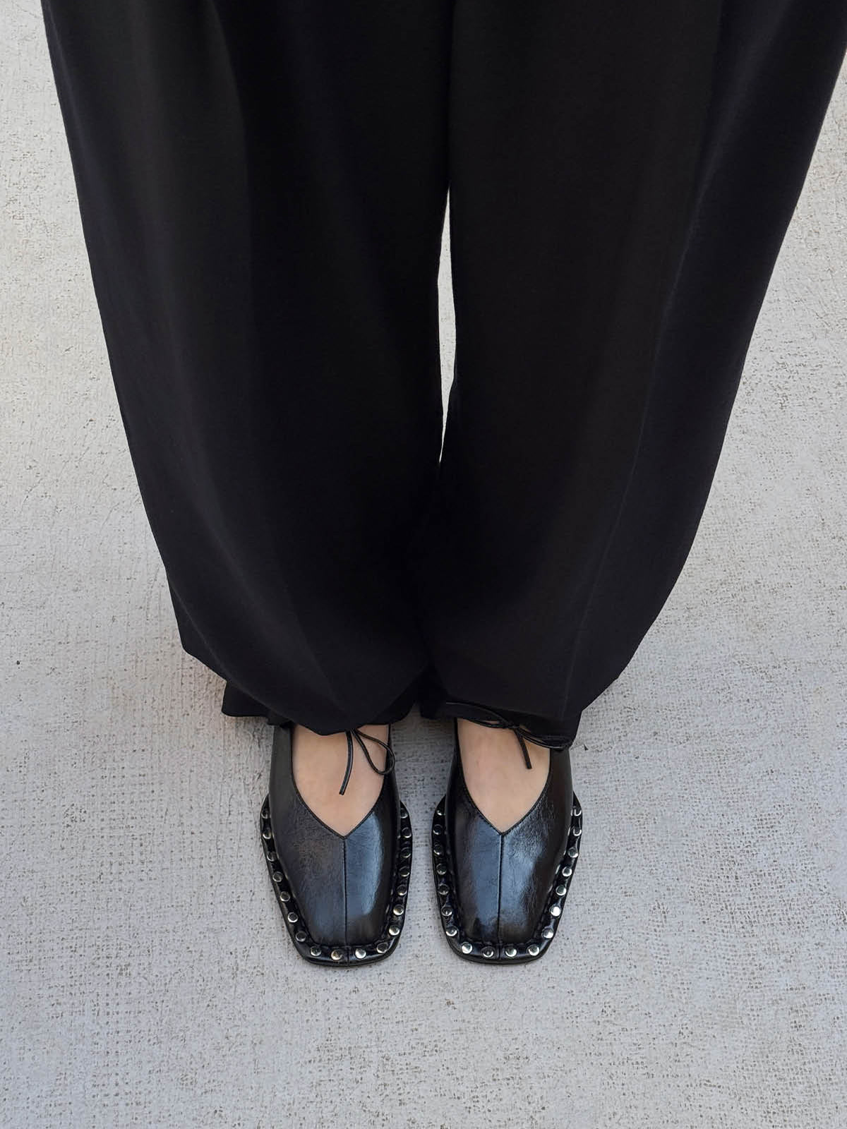 Black Square-Toe Studs And Middle Strap Ballet Flats