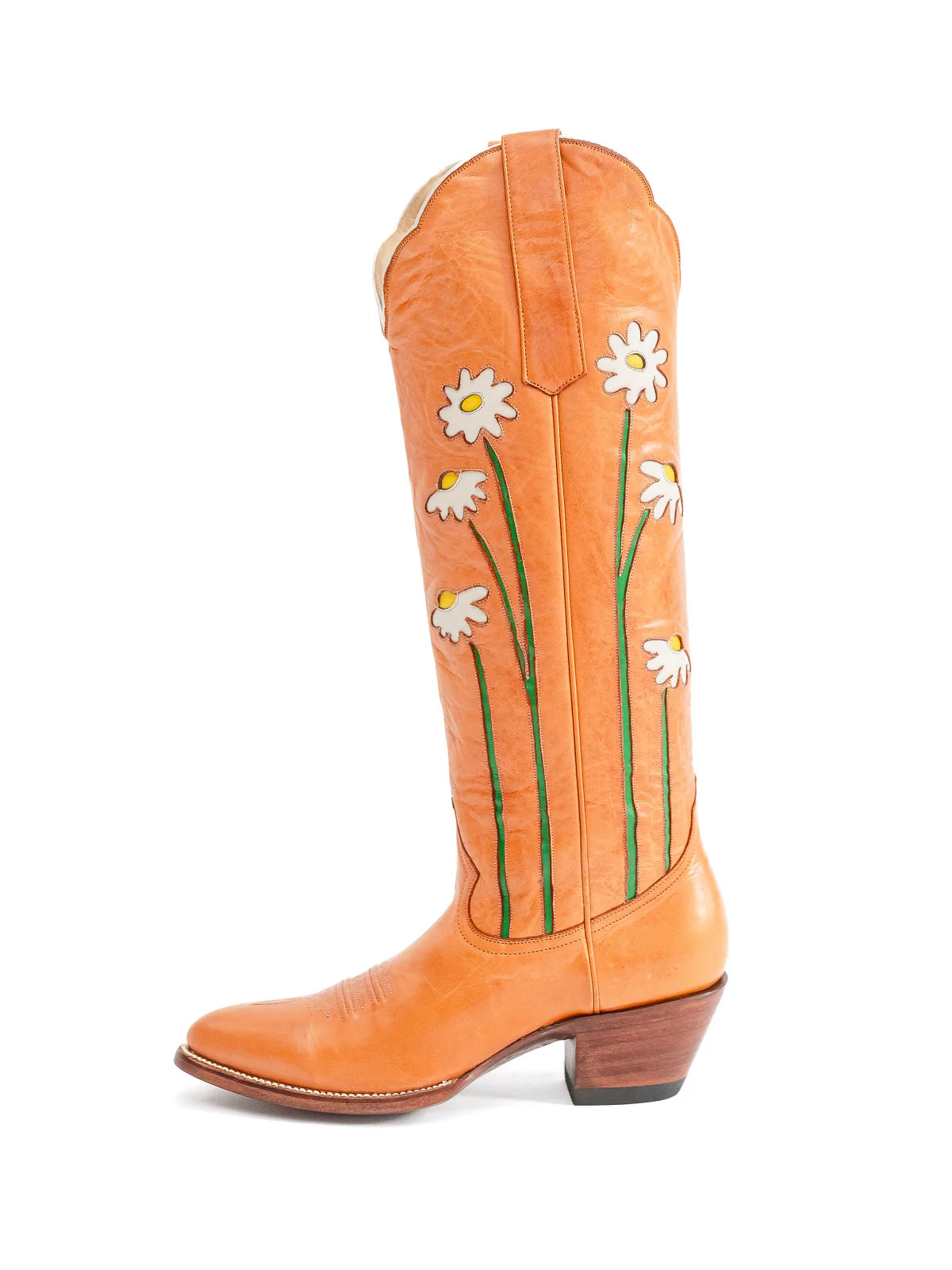 Honey Almond-Toe Wide Calf Western Boots Knee High Tall Boots With Floral Inlay