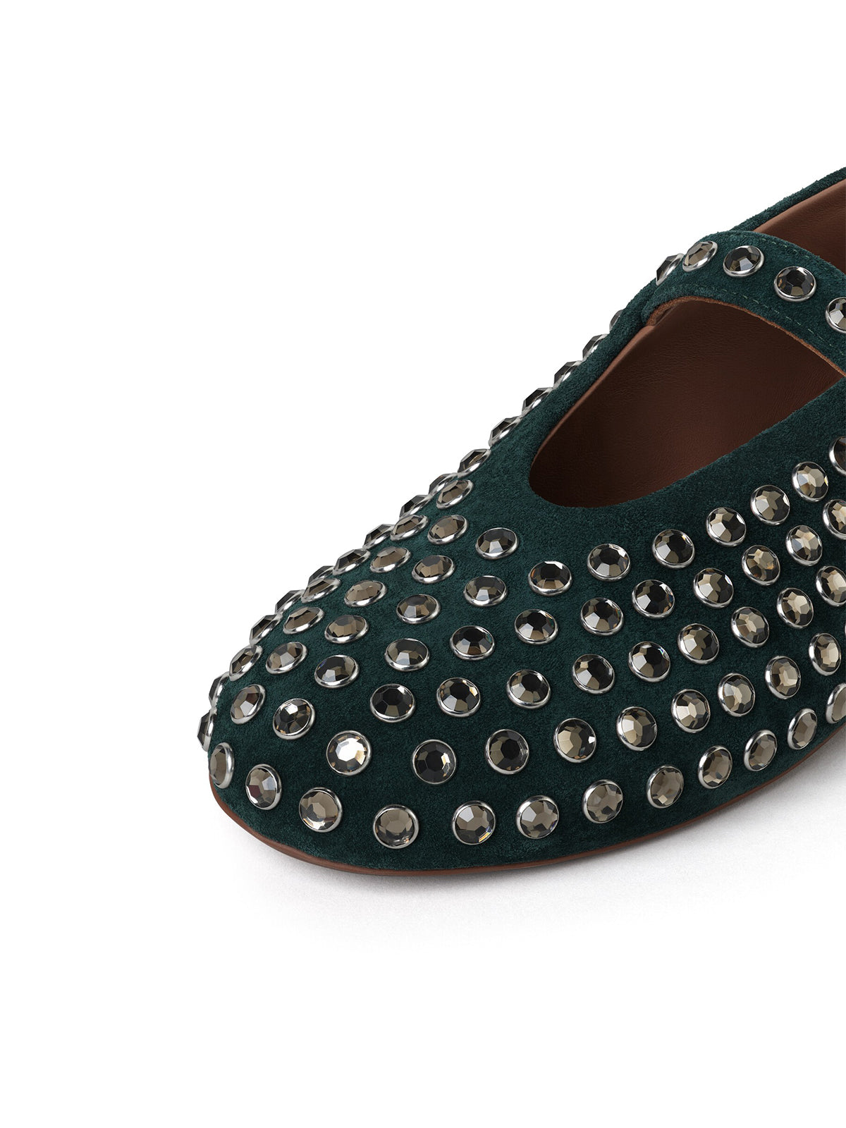 Dark Green Faux Suede Round-Toe Mary Jane Ballet Flats With Rhinestone
