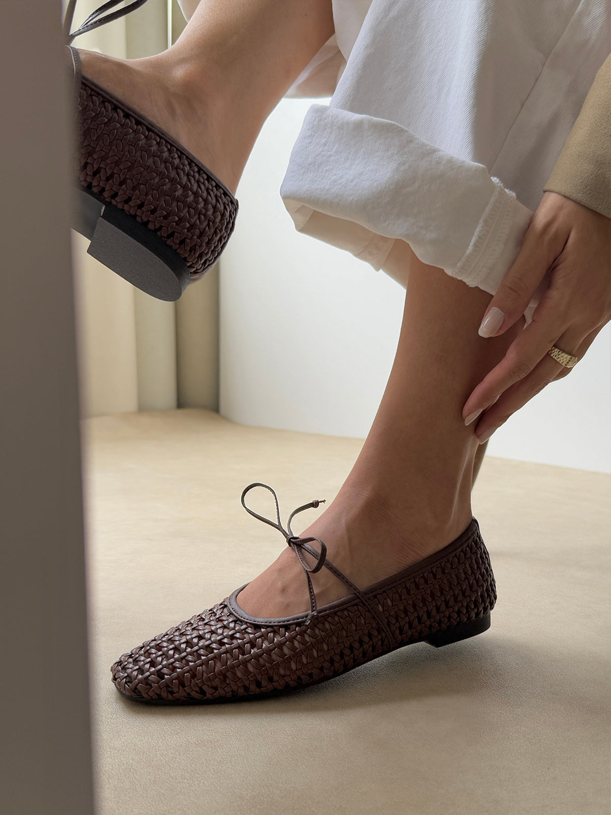 Coffee Woven Vegan Leather Square-Toe Mary Jane Stylish Ballet Flats