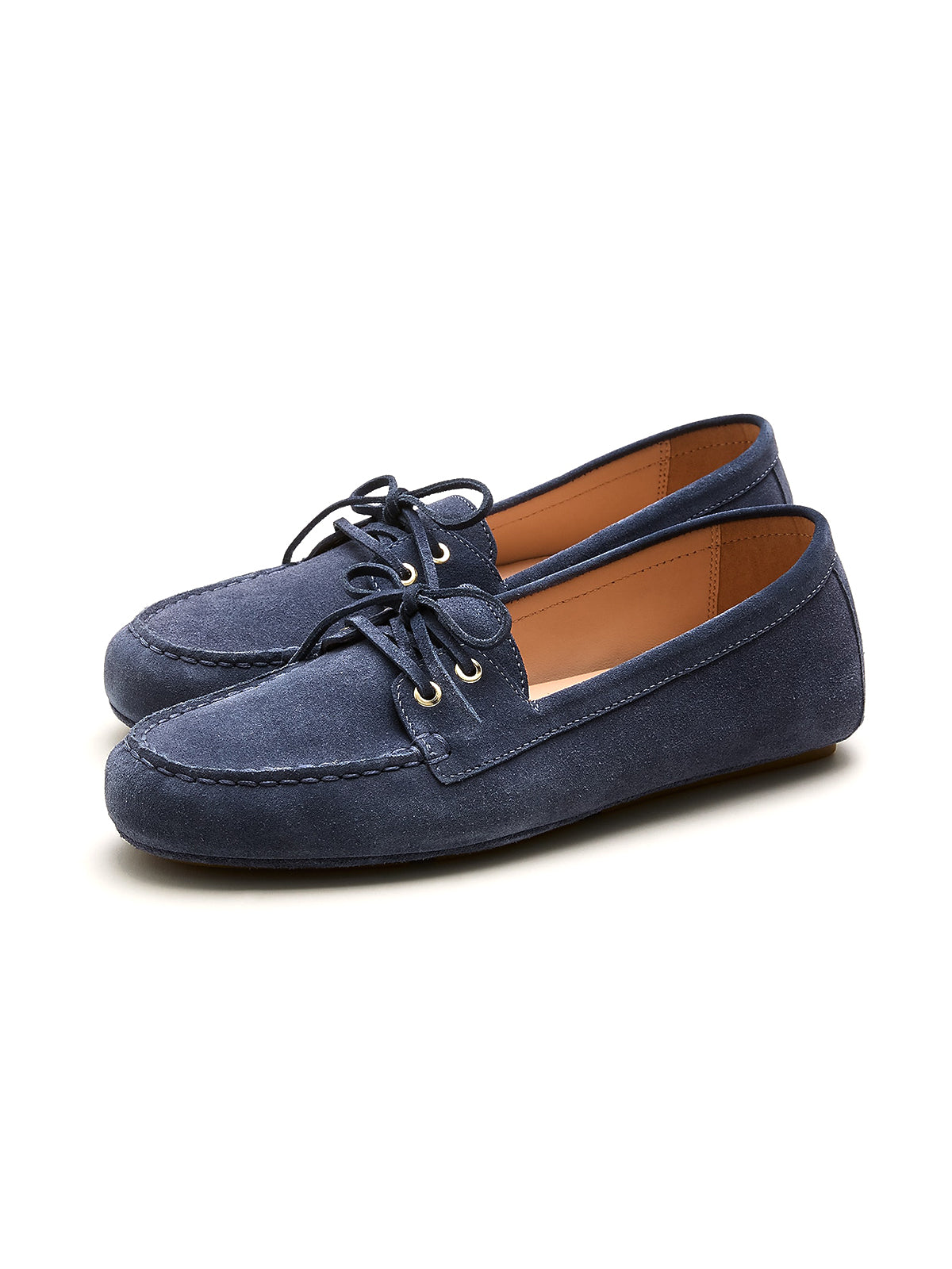 Navy Cow Suede Round-Toe Lace-Up Boat Shoes Chic Flats