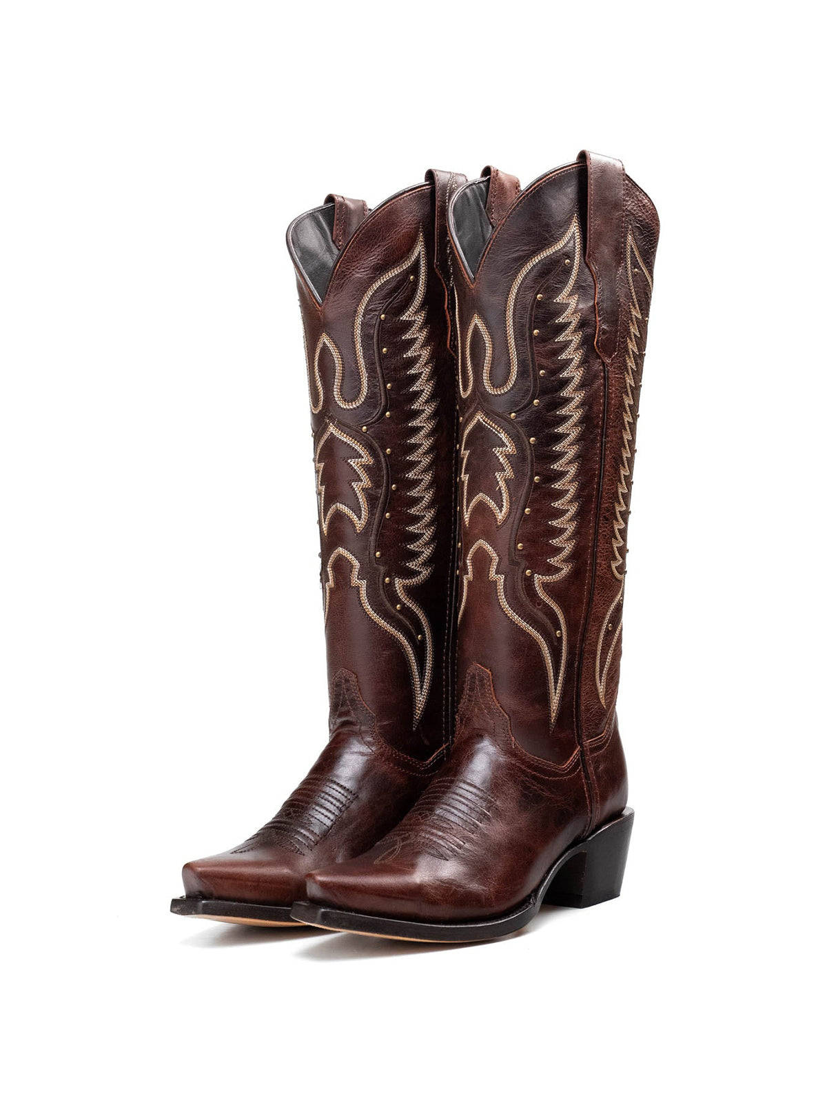 Western Snip-Toe Wings Embroidery And Studs Wide Calf Knee High Cowgirl Boots - Cognac
