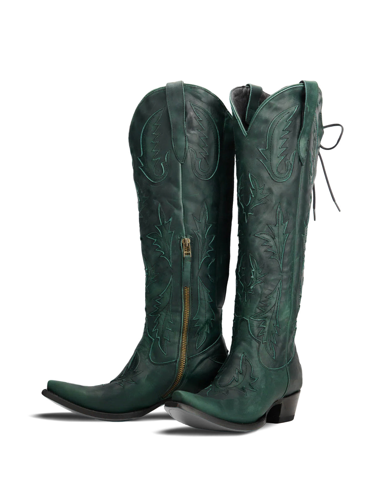 Half-Zip Snip-Toe Embroidery And Inlay Back Lace-Up Knee High Cowgirl Boots - Green