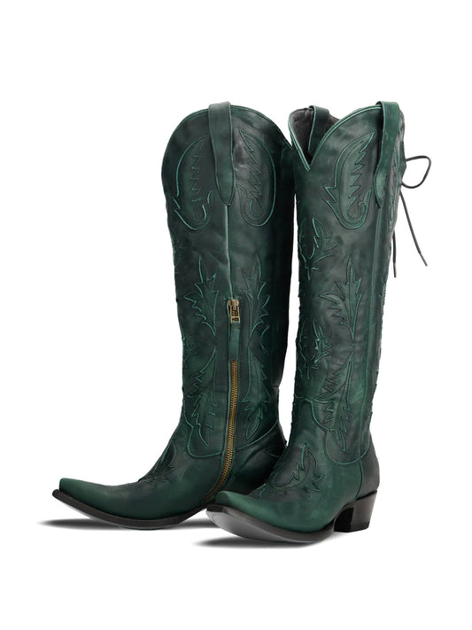 Half-Zip Snip-Toe Embroidery And Inlay Back Lace-Up Knee High Cowgirl Boots - Green