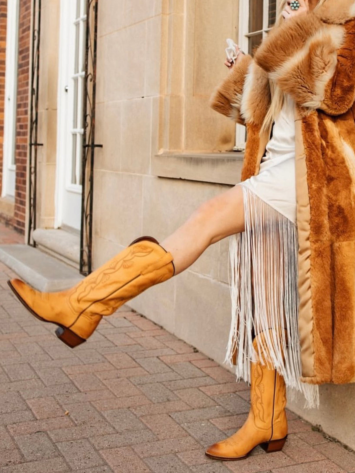 Mustard Yellow Almond-Toe Fan-Shaped Embroidery Wide Knee High Cowgirl Boots