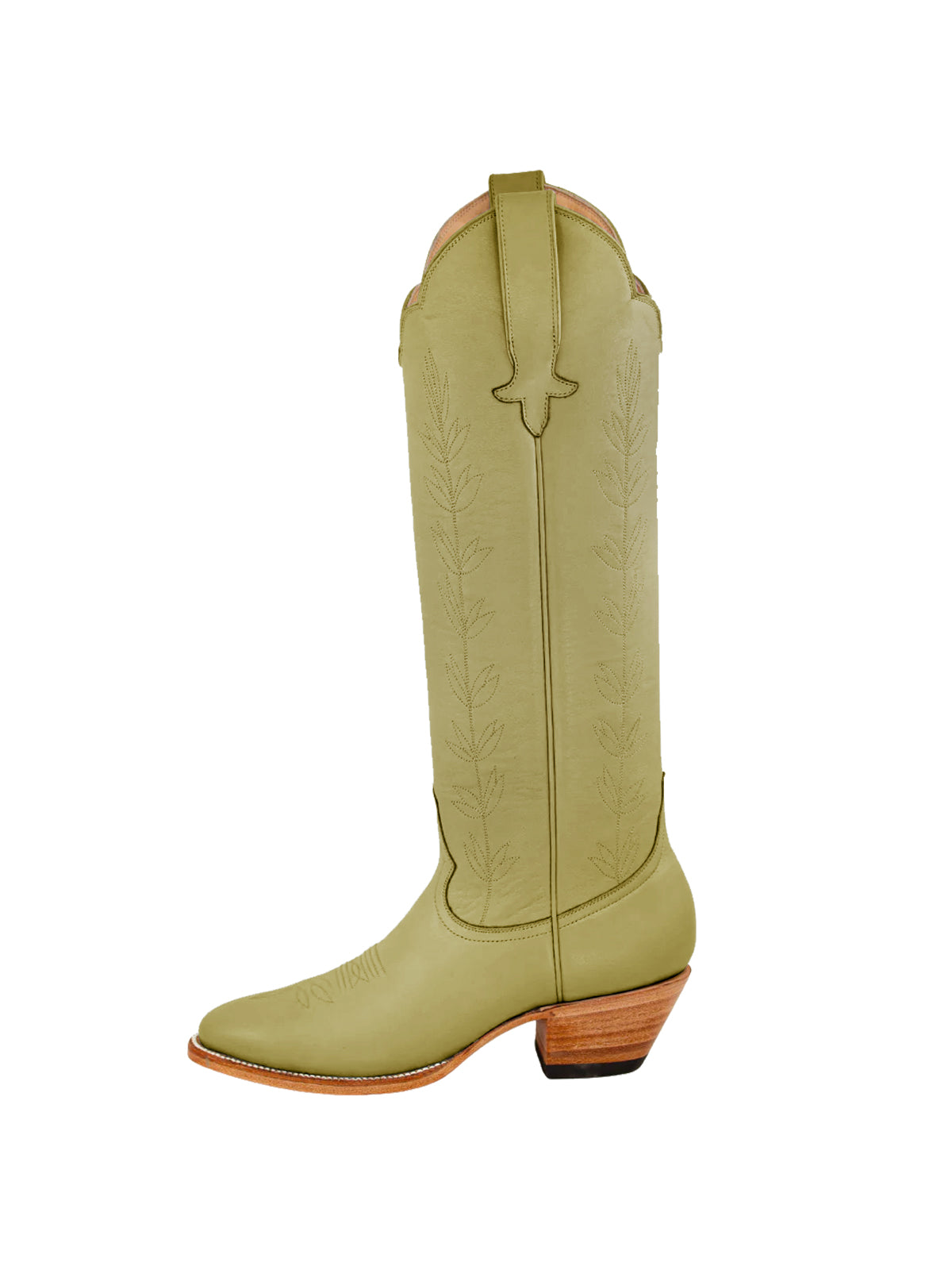 Almond-Toe Leaves Embroidery Wide Calf Knee High Cowgirl Boots - Olive Green