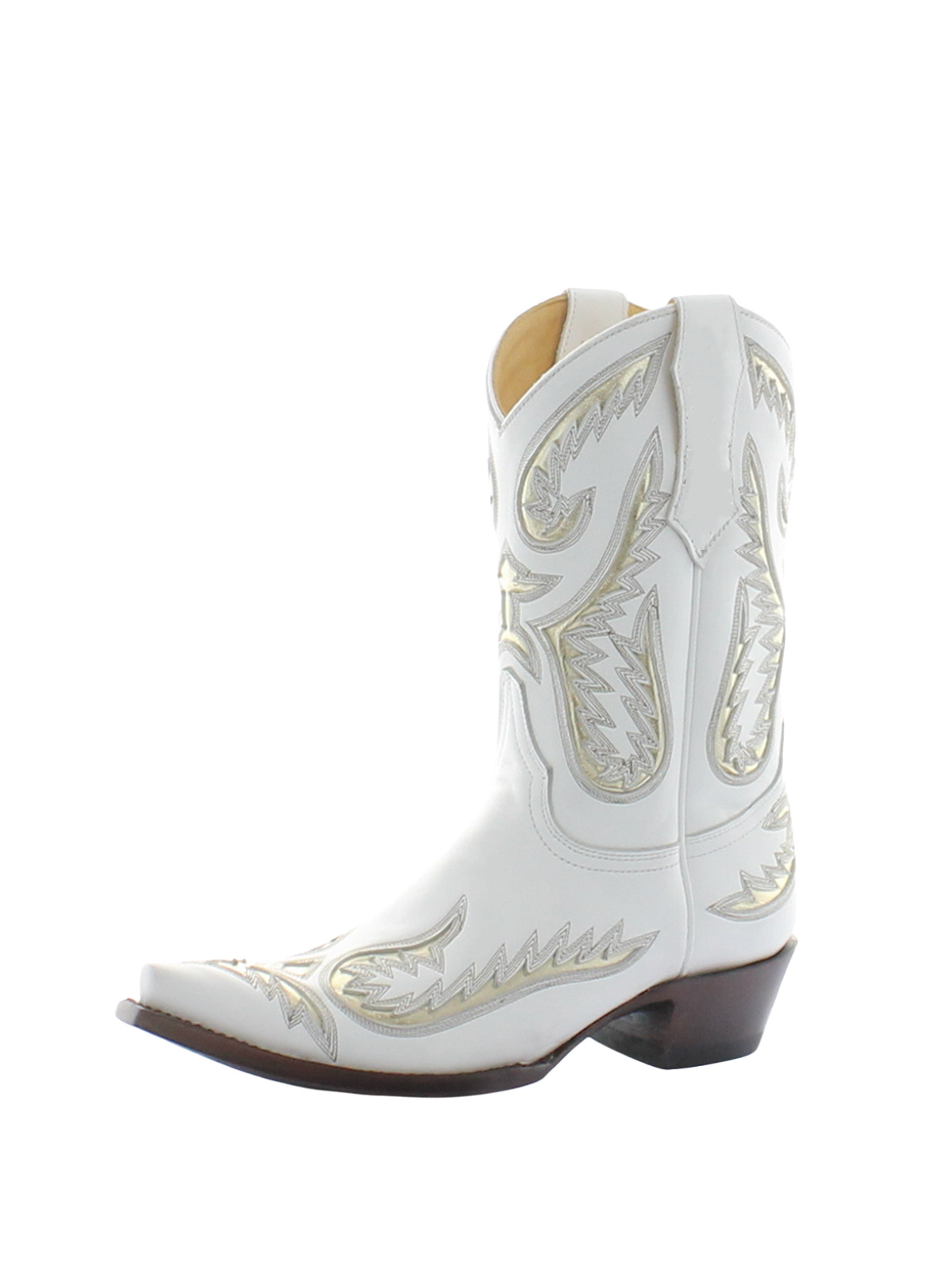 White Snip-Toe Embroidery Metallic Gold Inlay Mid Calf Cowgirl Boots