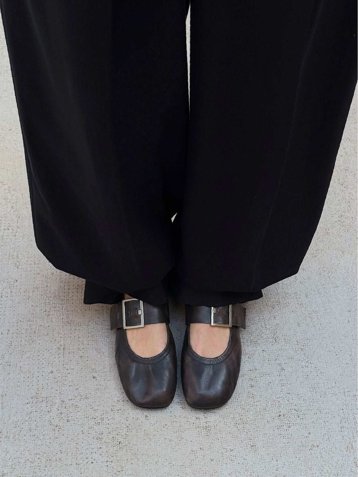 Brown Square-Toe Big Buckle Middle Strap Chic Ballet Flats