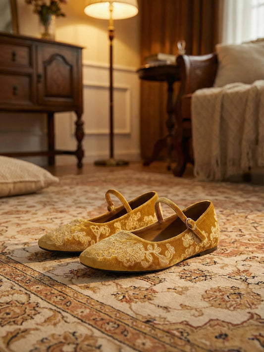 Ginger Yellow Velvet Square-Toe Leaves Embroidery Chic Mary Jane Ballet Flats